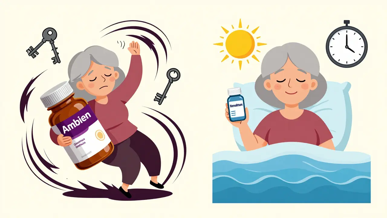 Split image: elderly woman confused with Ambien vs. peaceful with ramelteon.