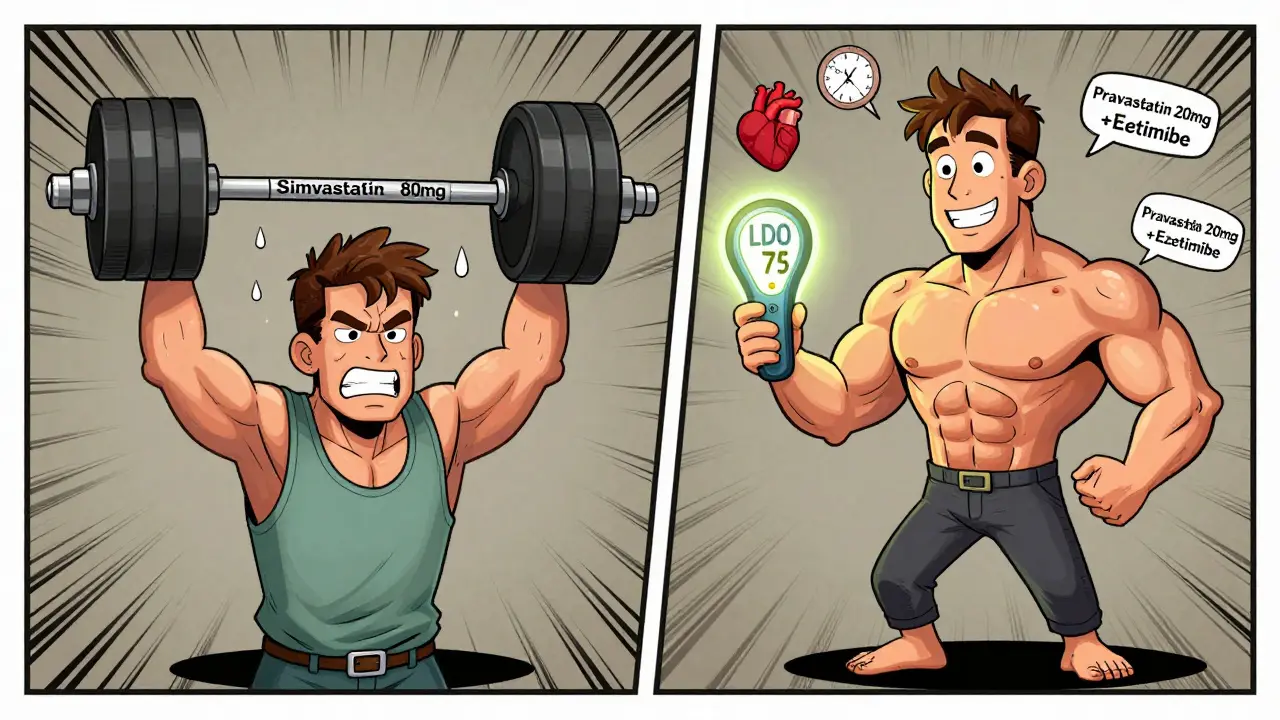 Split scene showing muscle pain from high-dose statin vs. relief with safer combination therapy.