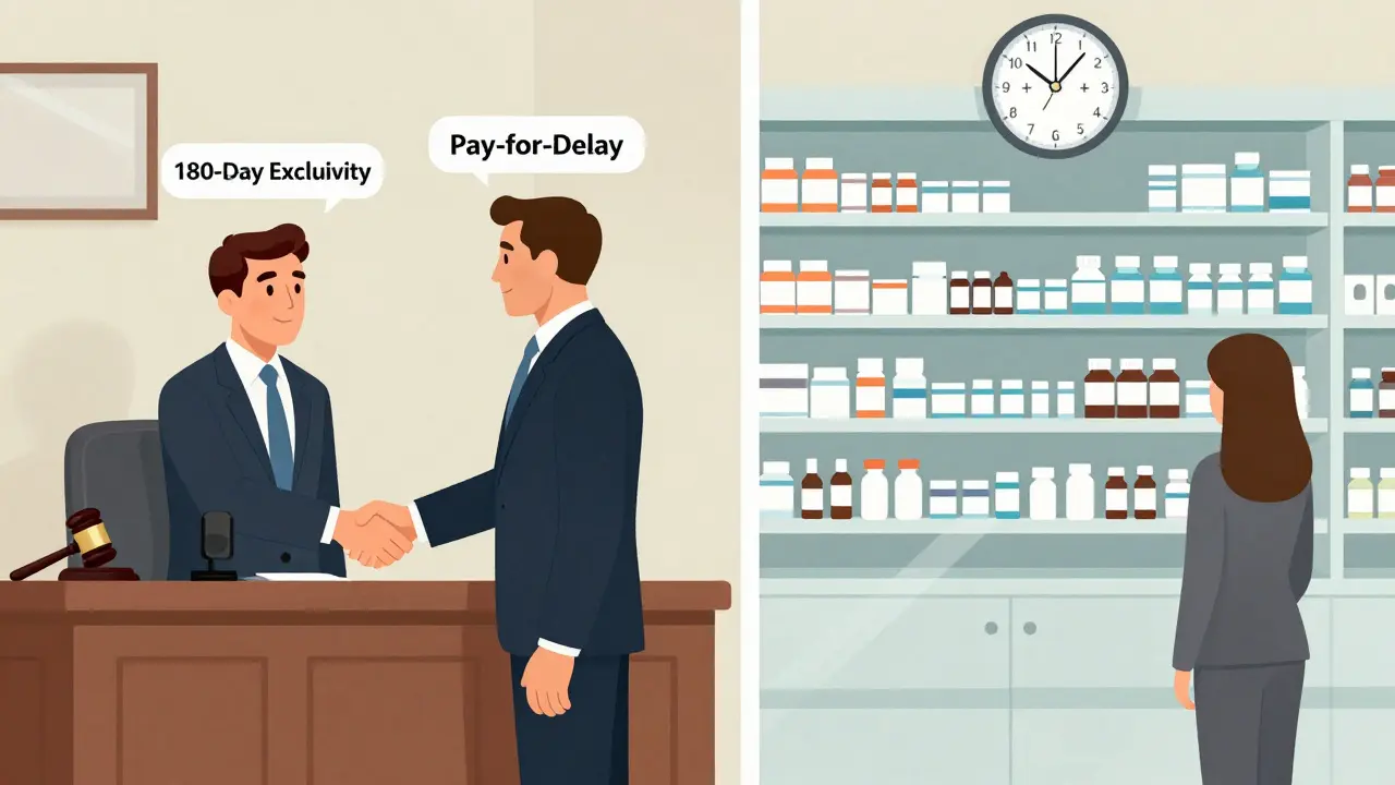 Split scene: U.S. pay-for-delay handshake vs. EU's 8+2+1 system clock