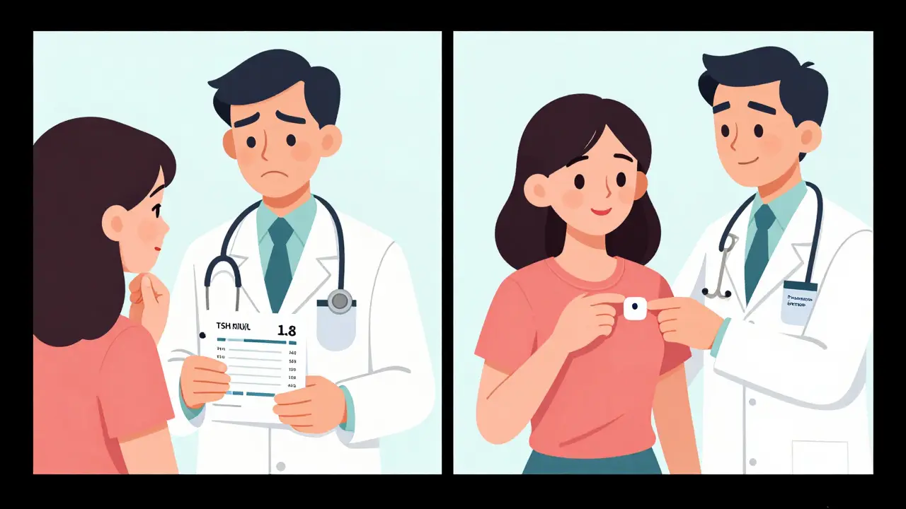 Split scene: woman with high TSH looking worried, then with low TSH and happy doctor.