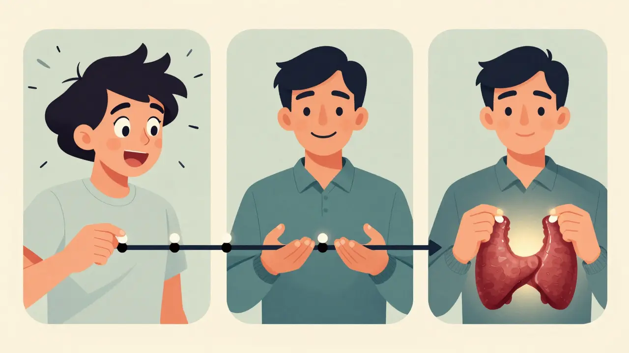Three-panel timeline showing a person calming down as propranolol pills bridge the transformation.