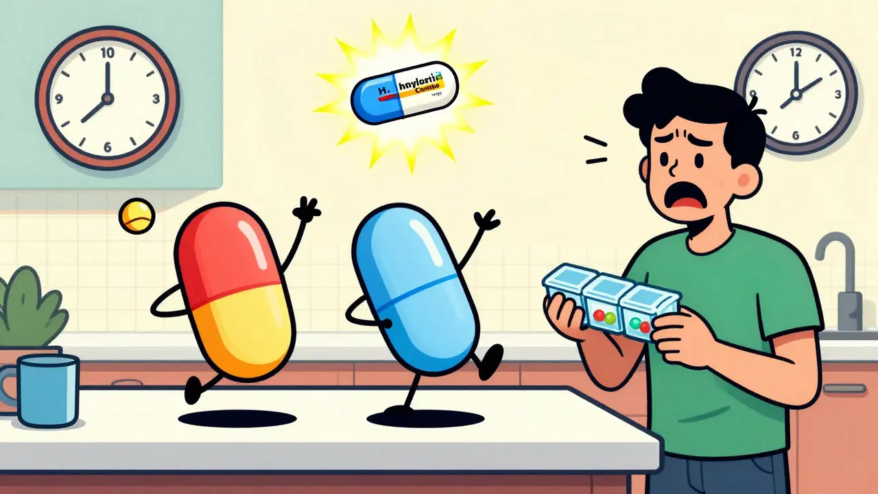 Three separate pills on a counter with a floating combo pill above, clock counting down.