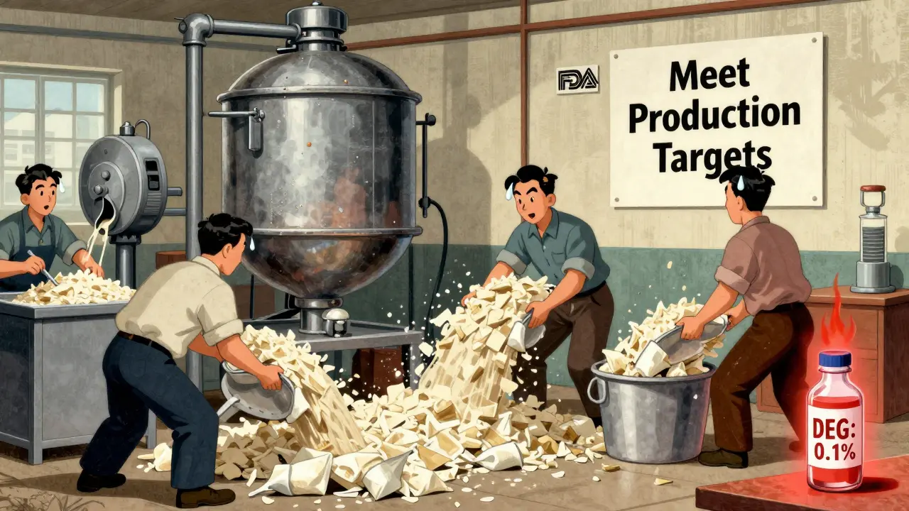 Workers dumping unlabeled materials into mixer, DEG-labeled vial glows red, 'Meet Production Targets' poster covers FDA badge.