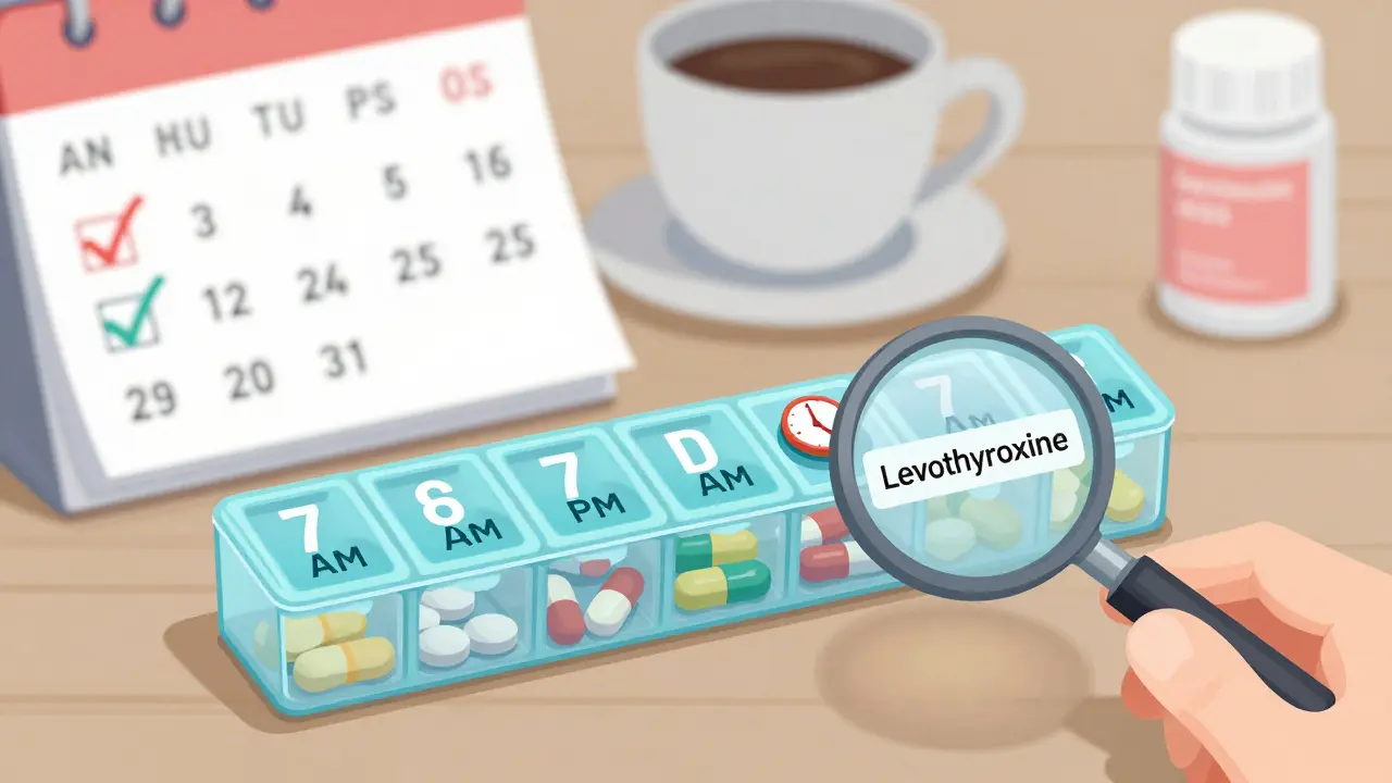 7-day pill organizer beside a calendar with checkmarks, coffee and calcium bottles pushed away.