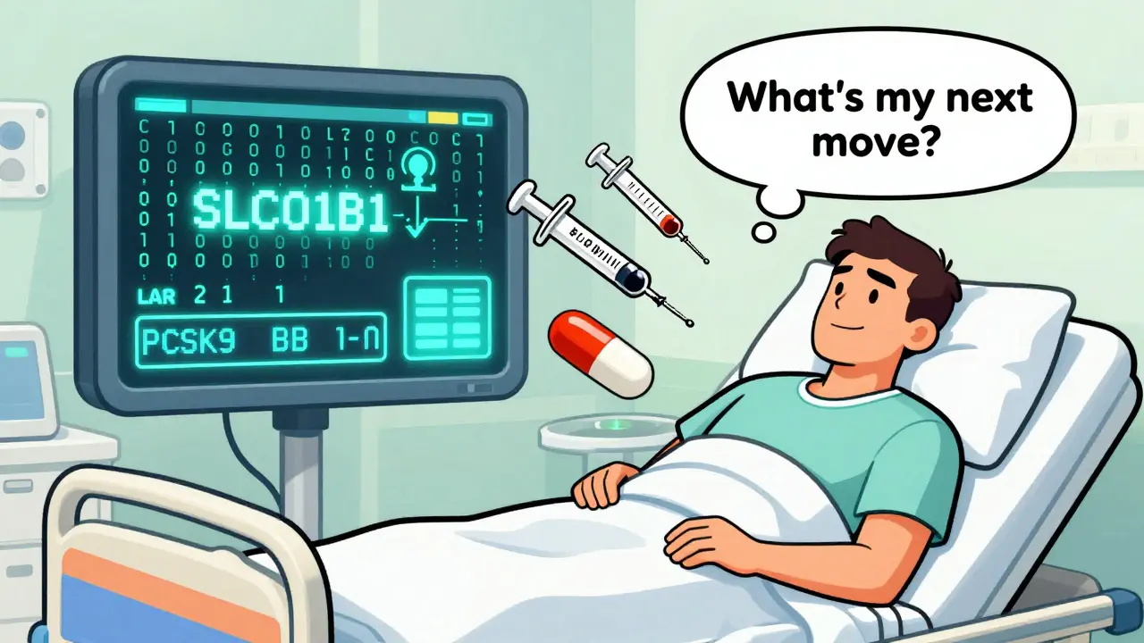 A medical dashboard displays genetic mutation alerts and PCSK9 inhibitors beside a statin pill over a hospital bed.