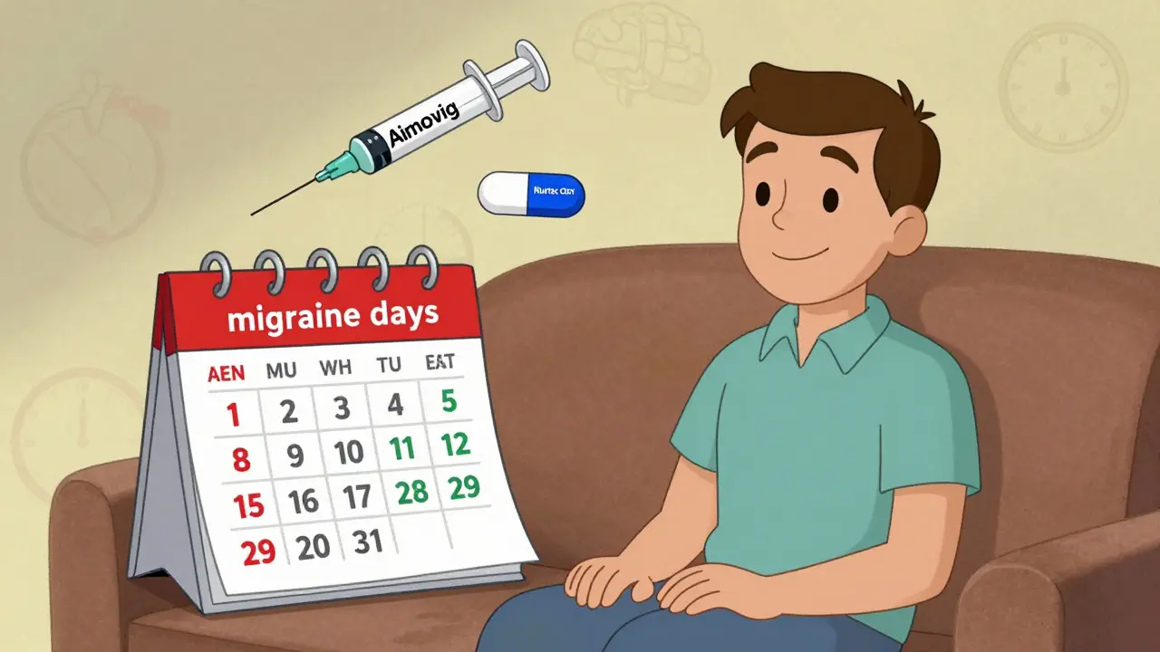 A patient smiling as their migraine days drop from 15 to 3, with CGRP inhibitor medications floating nearby.
