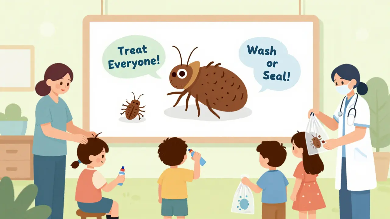 Children being treated for lice at school while parents pack clothes in plastic bags, with a giant mite and louse giving instructions.