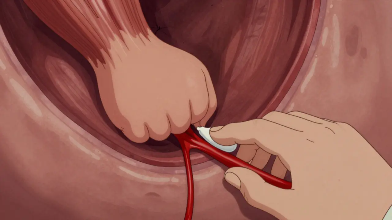 Cross-section of anal canal showing a tear and muscle spasm being relieved by ointment