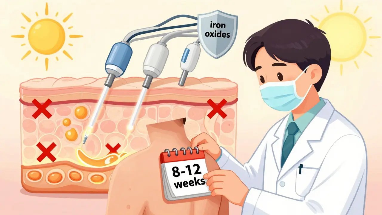 Dermatologist guiding patient through a 8-12 week topical treatment plan, lasers marked with X's.