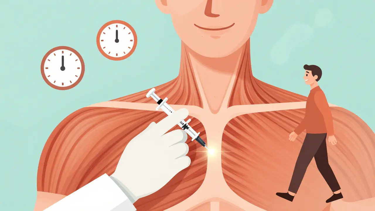 Doctor giving a Botox injection to a relaxed muscle with healing symbols around