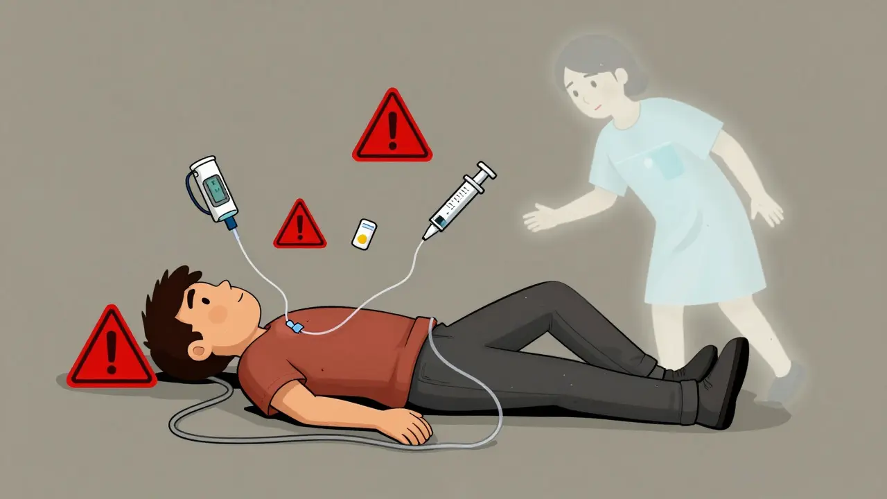 Insulin pump disconnected during hike, emergency supplies nearby, person collapsing.