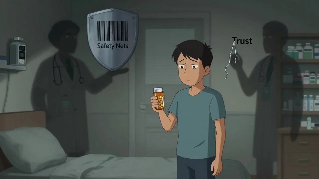 Patient holds pill bottle while hospital safety net contrasts with fragile pharmacy trust thread in background.