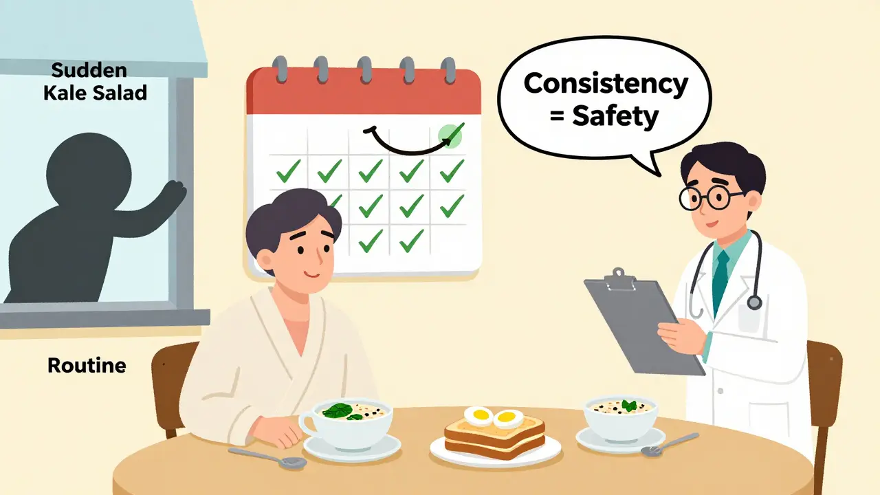 Person eating consistent spinach and oatmeal breakfast with calendar showing daily checkmarks