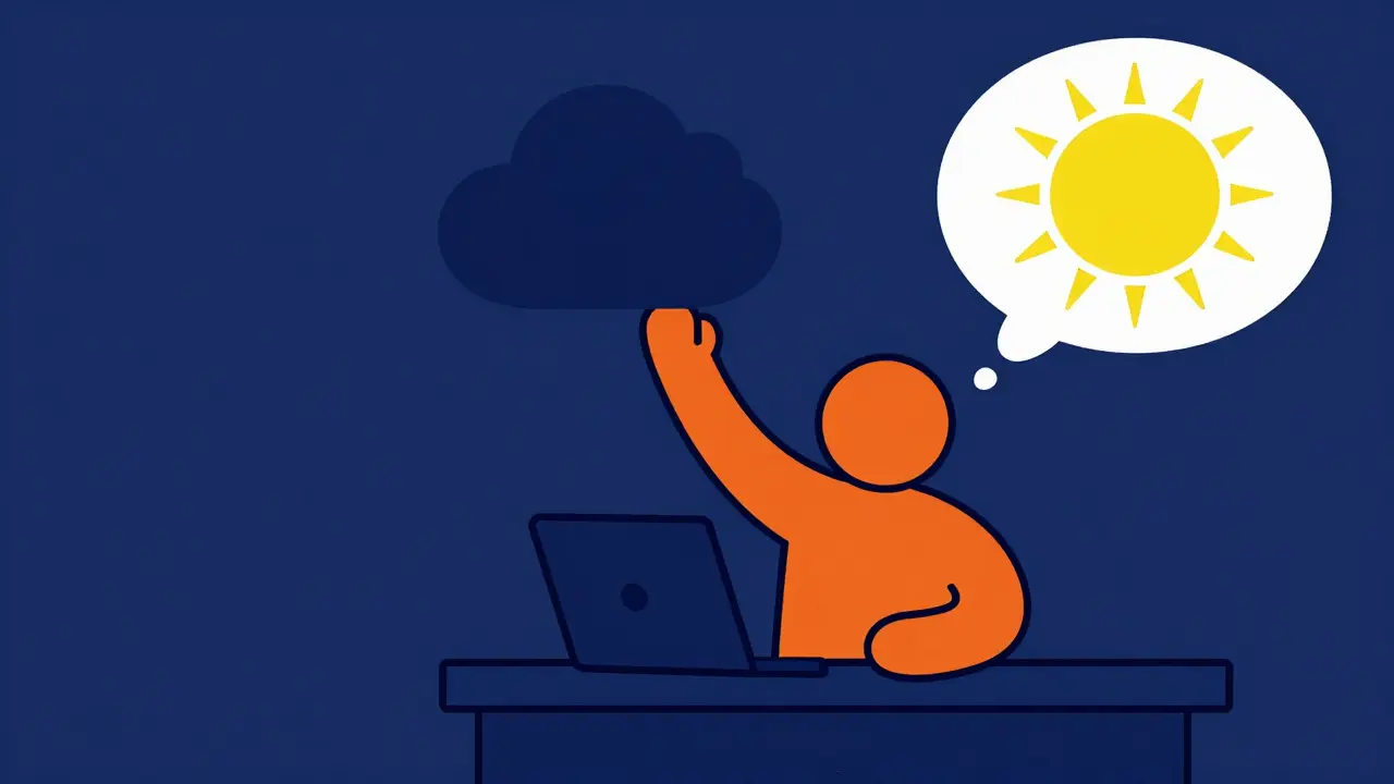 Person replacing dark cloud with sun symbol during thought challenge.