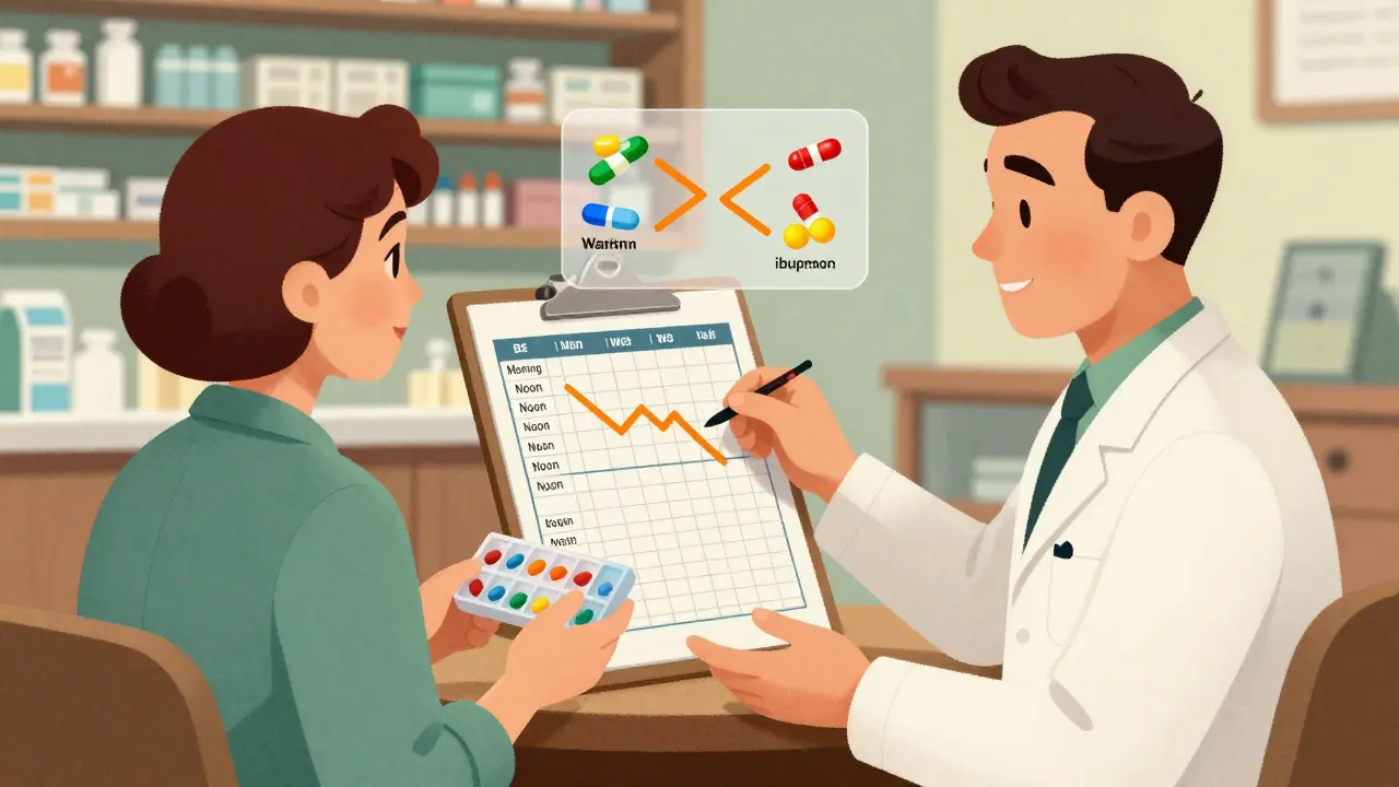 Pharmacist and patient reviewing a medication schedule chart with warning lines between conflicting drugs.