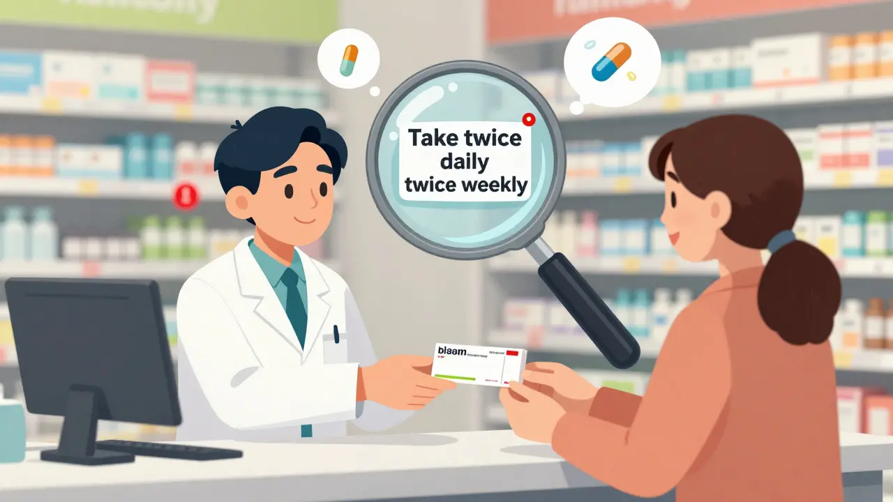 Pharmacist dispenses prescription with tiny label error revealed by magnifying glass, pills floating as thought bubbles.