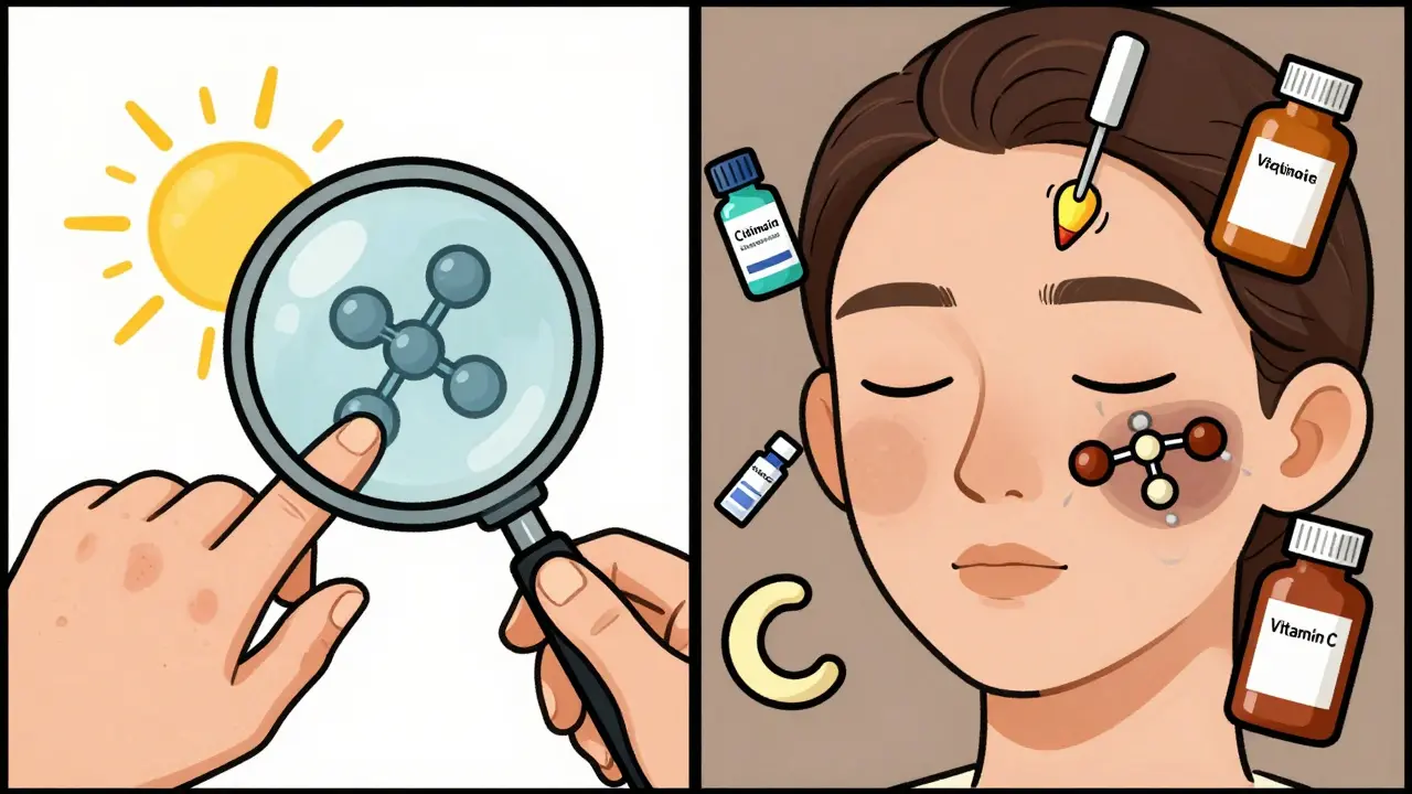 Split illustration comparing sun damage spots and hormonal triggers with topical treatment tools.