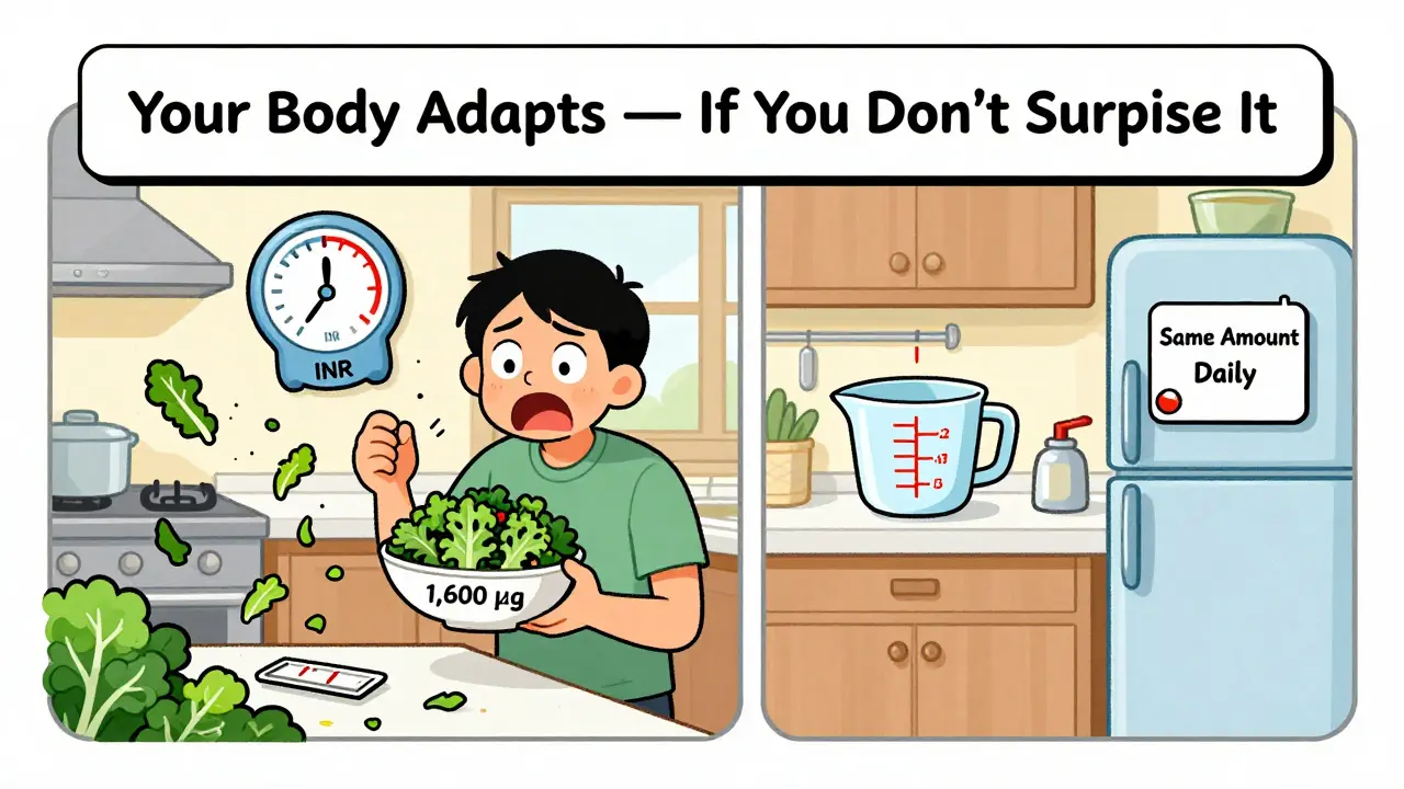Split scene: chaotic kale meal vs calm routine with steady INR meter