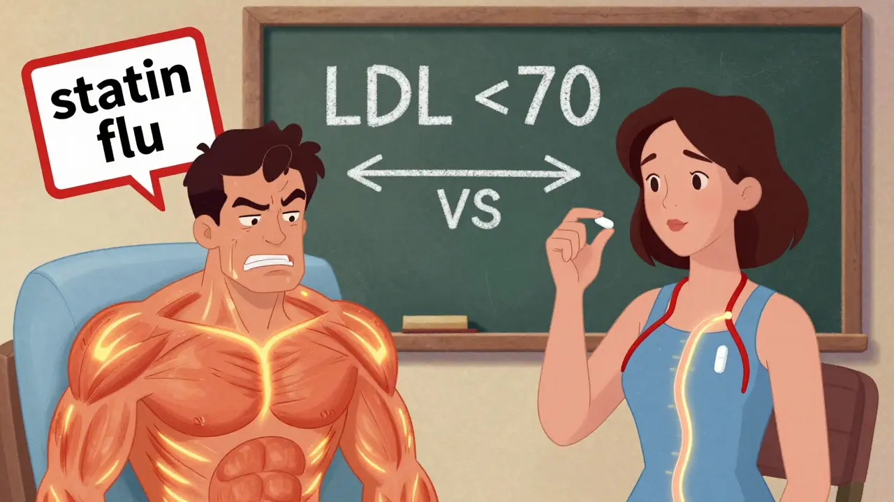 Two patients shown side by side: one with muscle pain from statins, another with improved blood flow on a lower dose.