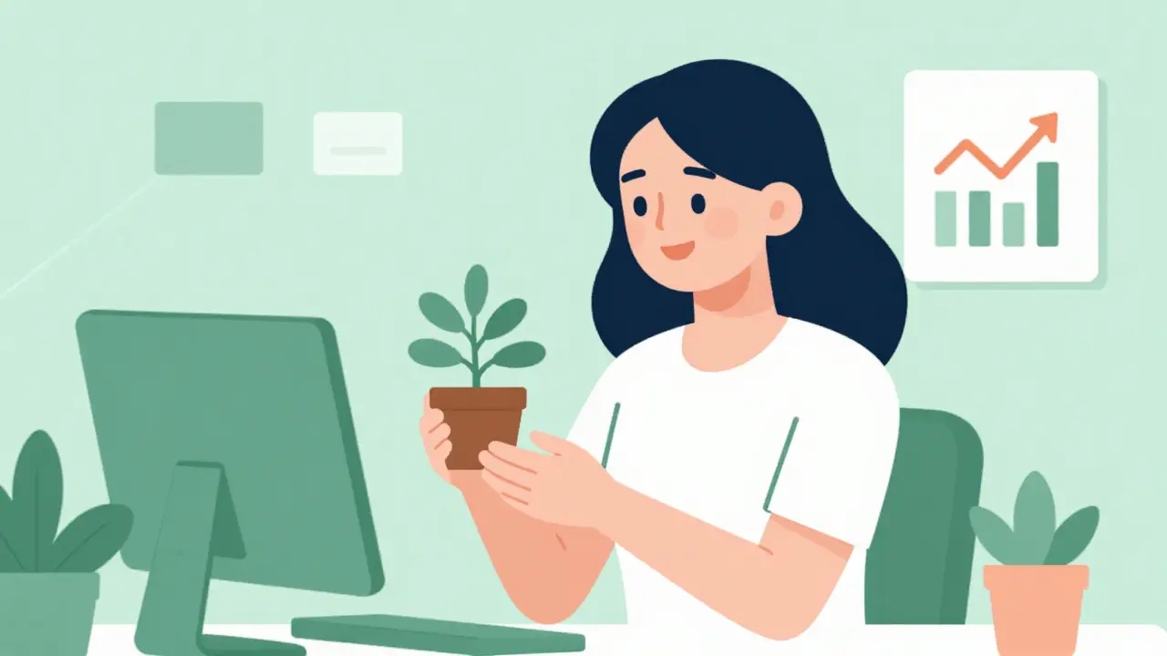 Woman smiling in office with plant and downward graph icon.