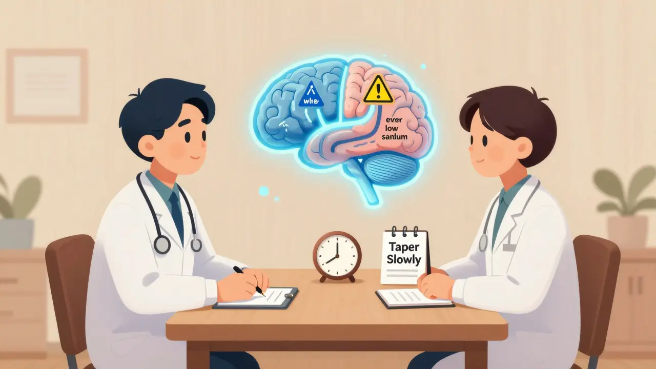 A doctor and patient discussing brain chemistry and SSRI risks with a visual diagram of serotonin pathways.
