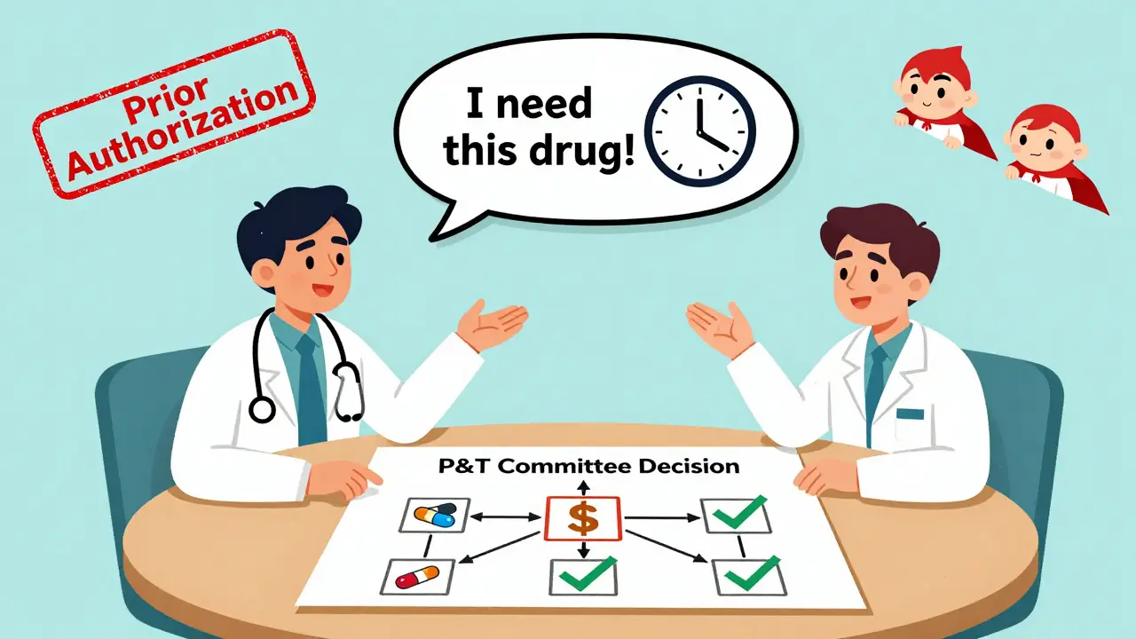 A doctor and pharmacist reviewing a decision chart with a clock ticking toward 72 hours for prior authorization.