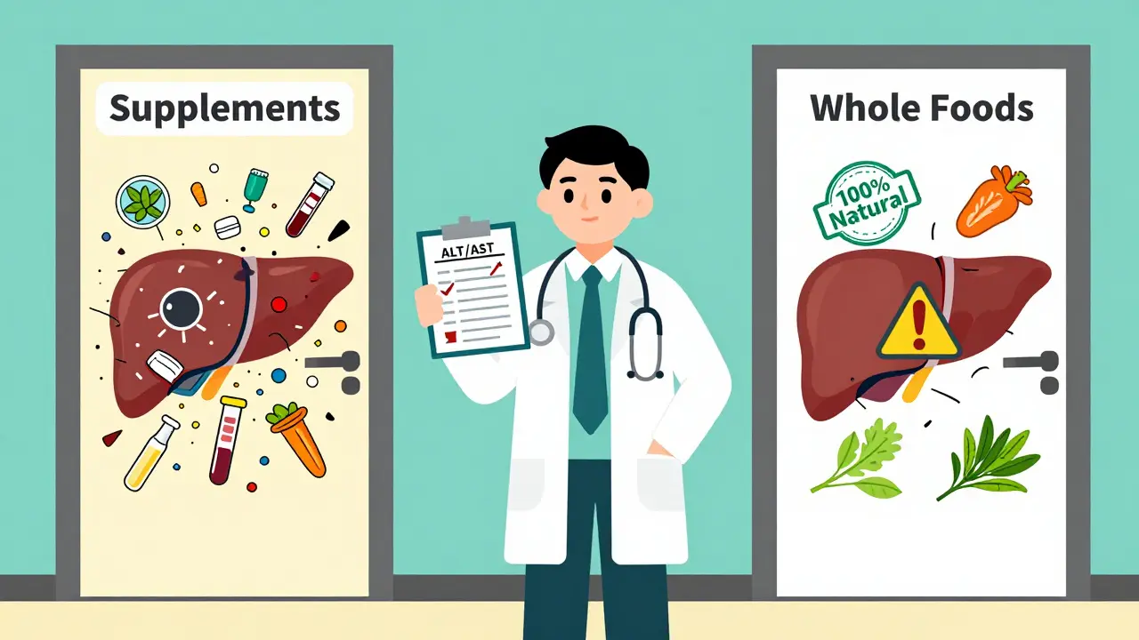 A doctor holding a blood test between two doors—one showing dangerous supplements, the other healthy foods—while a cracked 'natural' shield reveals a warning.