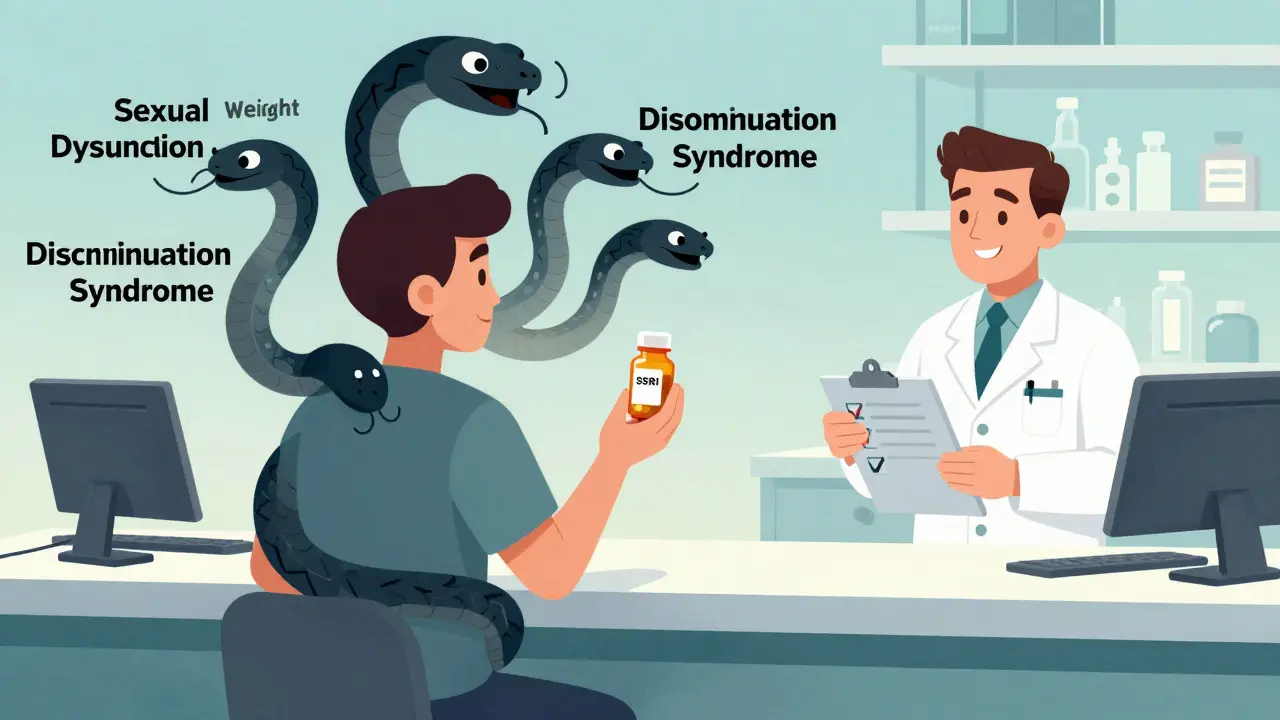 A patient surrounded by symbolic side effects of SSRIs while a pharmacist offers support in a vintage medical office.