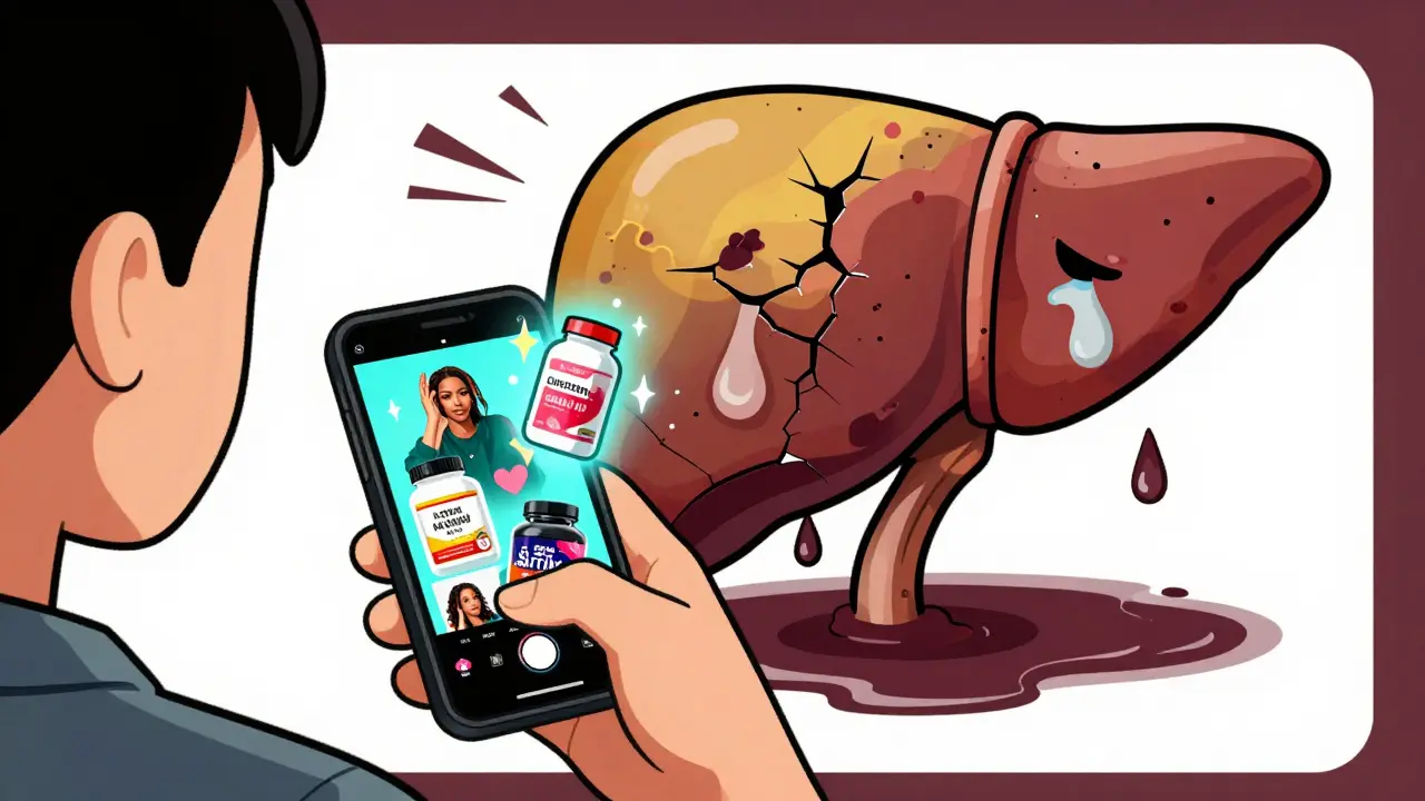 A young person scrolling social media while their liver turns bruised and yellow, showing the hidden health cost of supplement influencers.