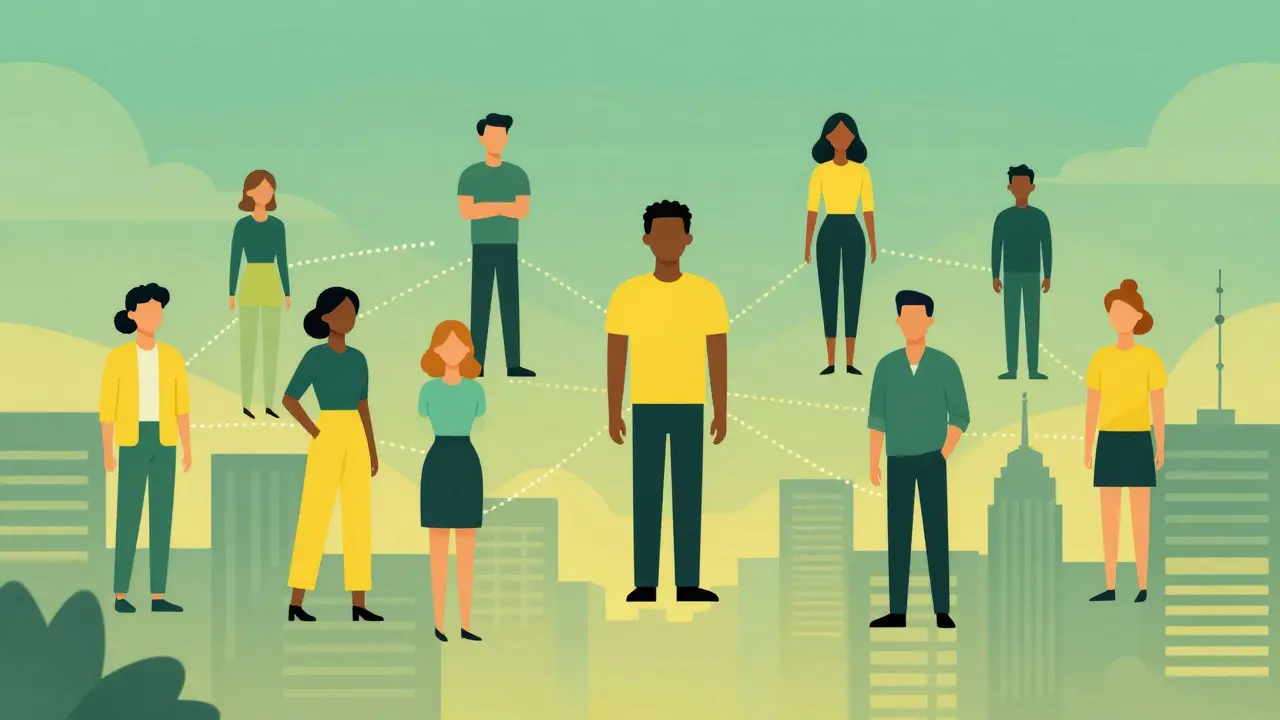 Cartoon characters connected by lines representing social networks