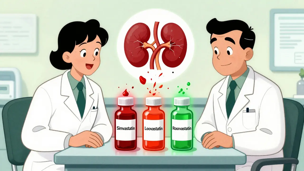 Doctor and patient with dangerous statins crumbling and safe ones glowing green.