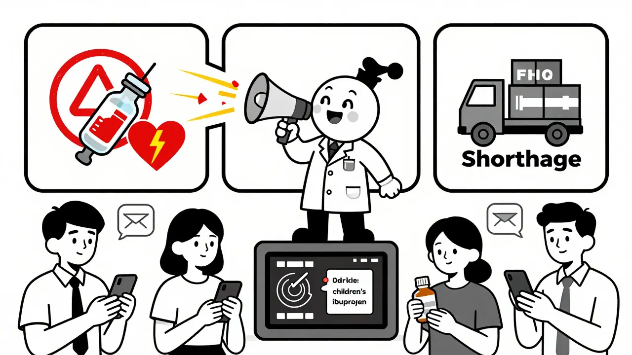 FDA mascot sending out alert streams for recalls, side effects, and shortages to diverse individuals.