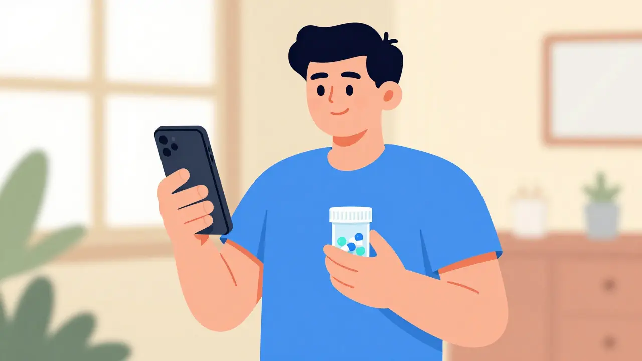 Happy person holding phone and pill container in bright room.