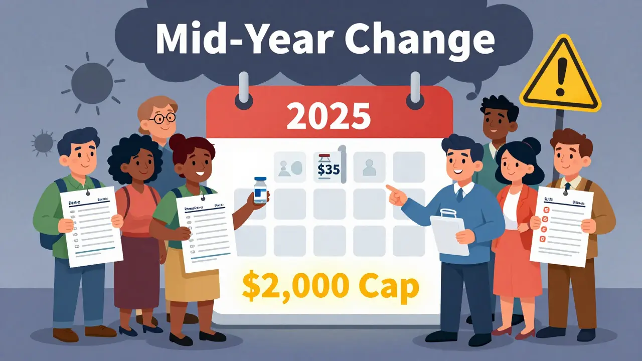 Patients standing before a 2025 calendar showing drug cost caps and AI recommendations, with insulin at .