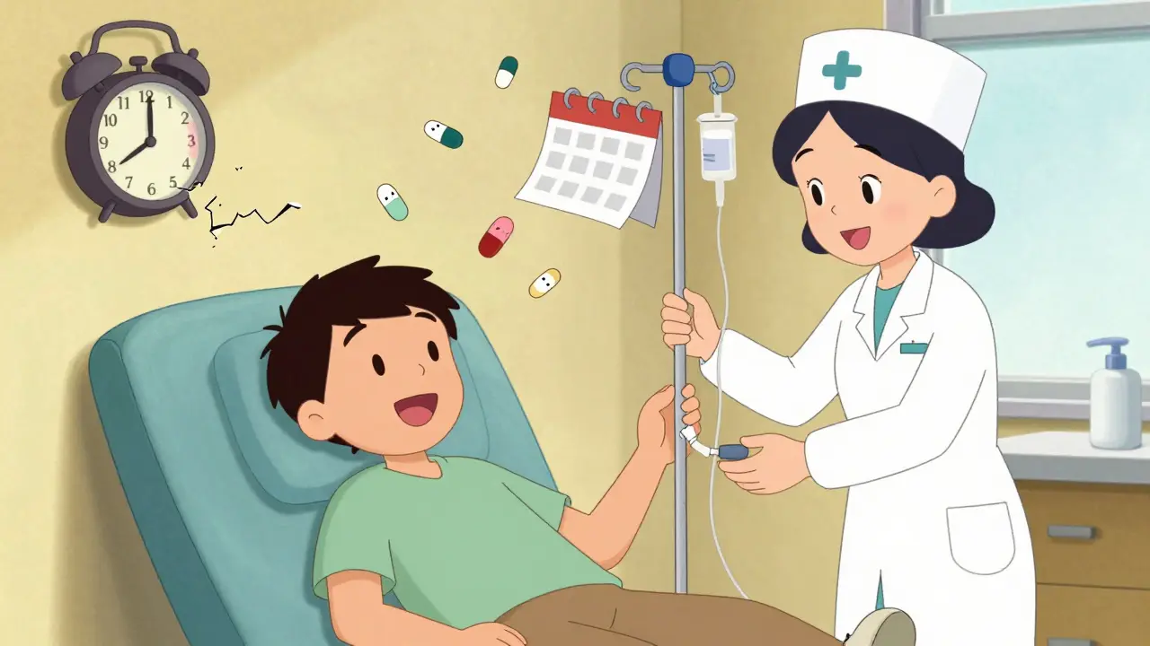 Person receiving IV bisphosphonate infusion while discarded pills and alarm clock float nearby.