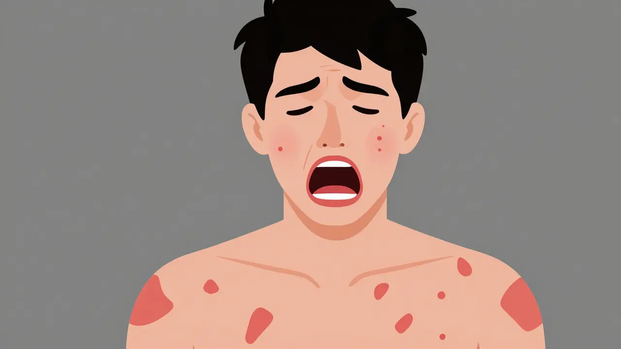 Stylized figure showing hives and breathing issues