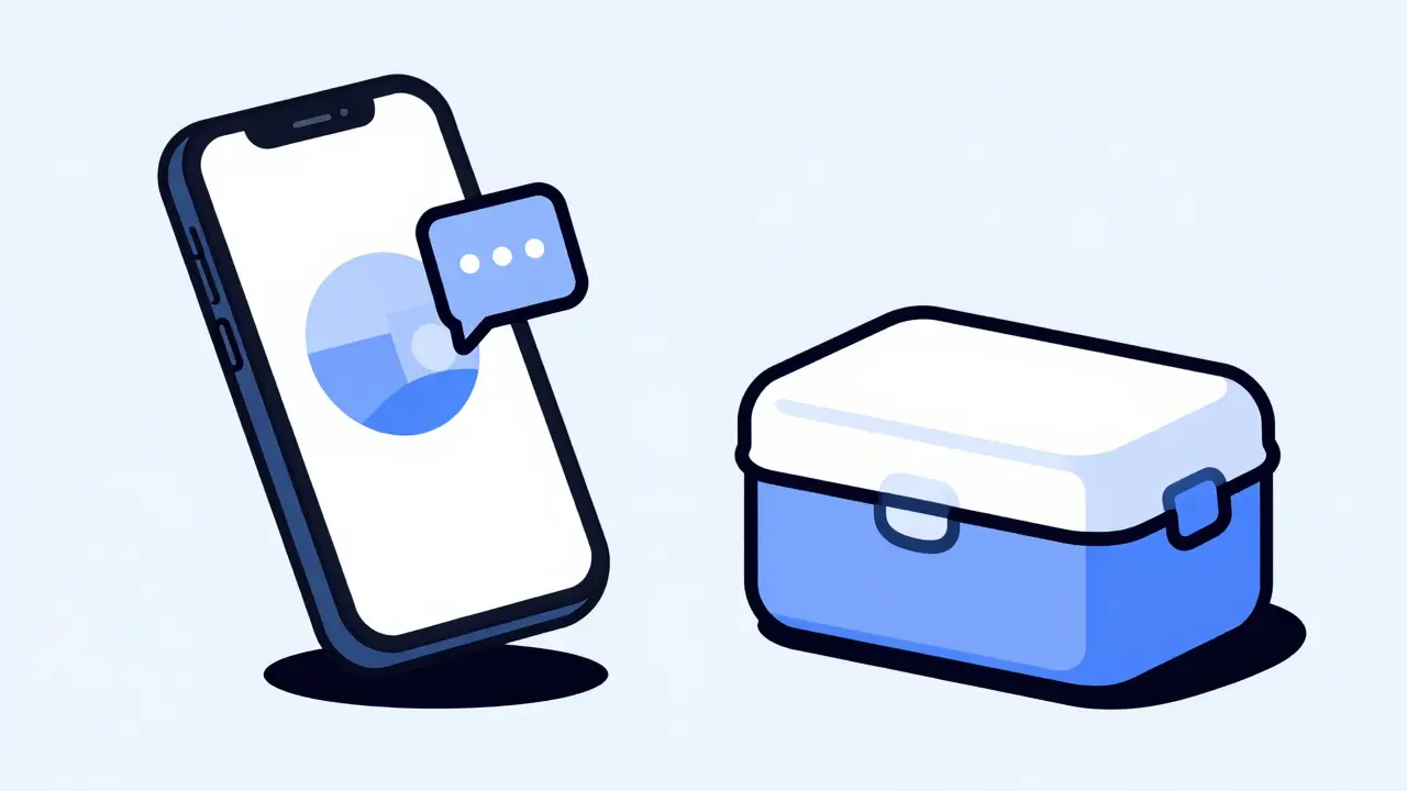 Stylized smartphone and electronic medicine box side by side.