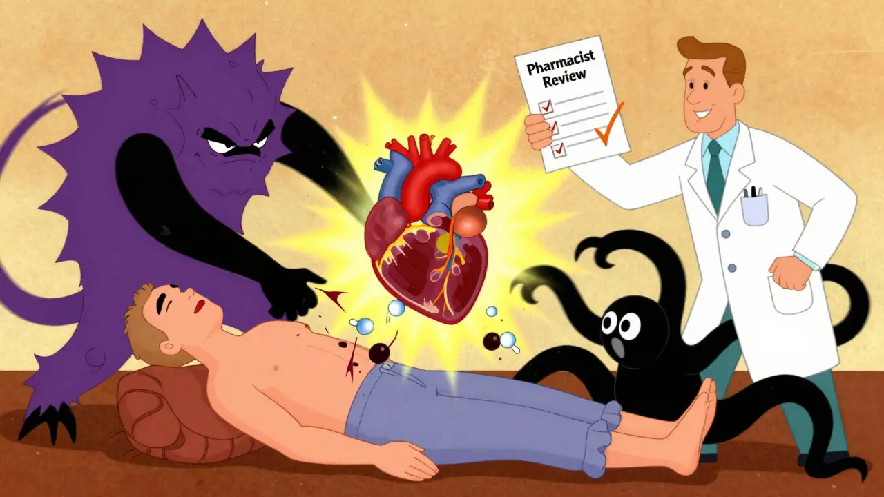 Transplant patient under attack by drugs, with pharmacist checking safety checklist.