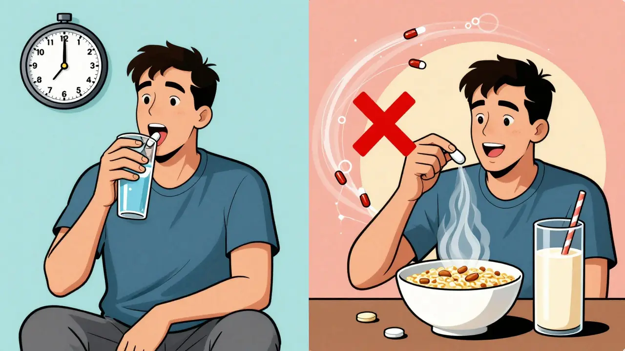 Two timelines showing bisphosphonate and calcium being taken separately with a red X over combined intake.