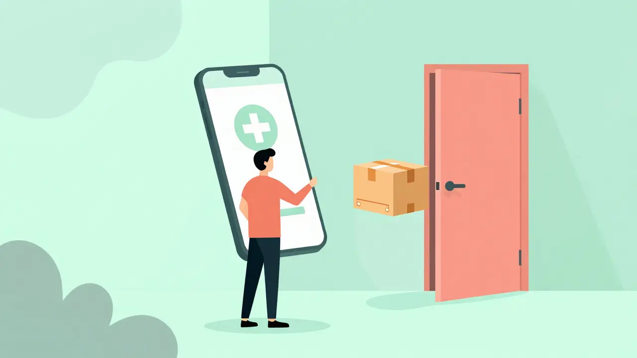 Abstract illustration of a telehealth consultation leading to home medication delivery.