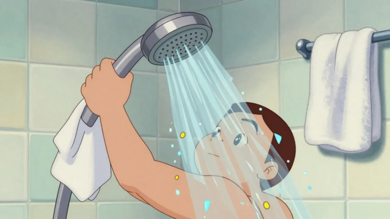 Cartoon figure rinsing off in a shower with clear water streams.