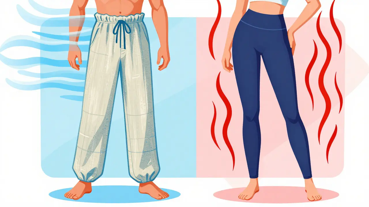 Comparison of loose breathable pants versus tight synthetic clothing.