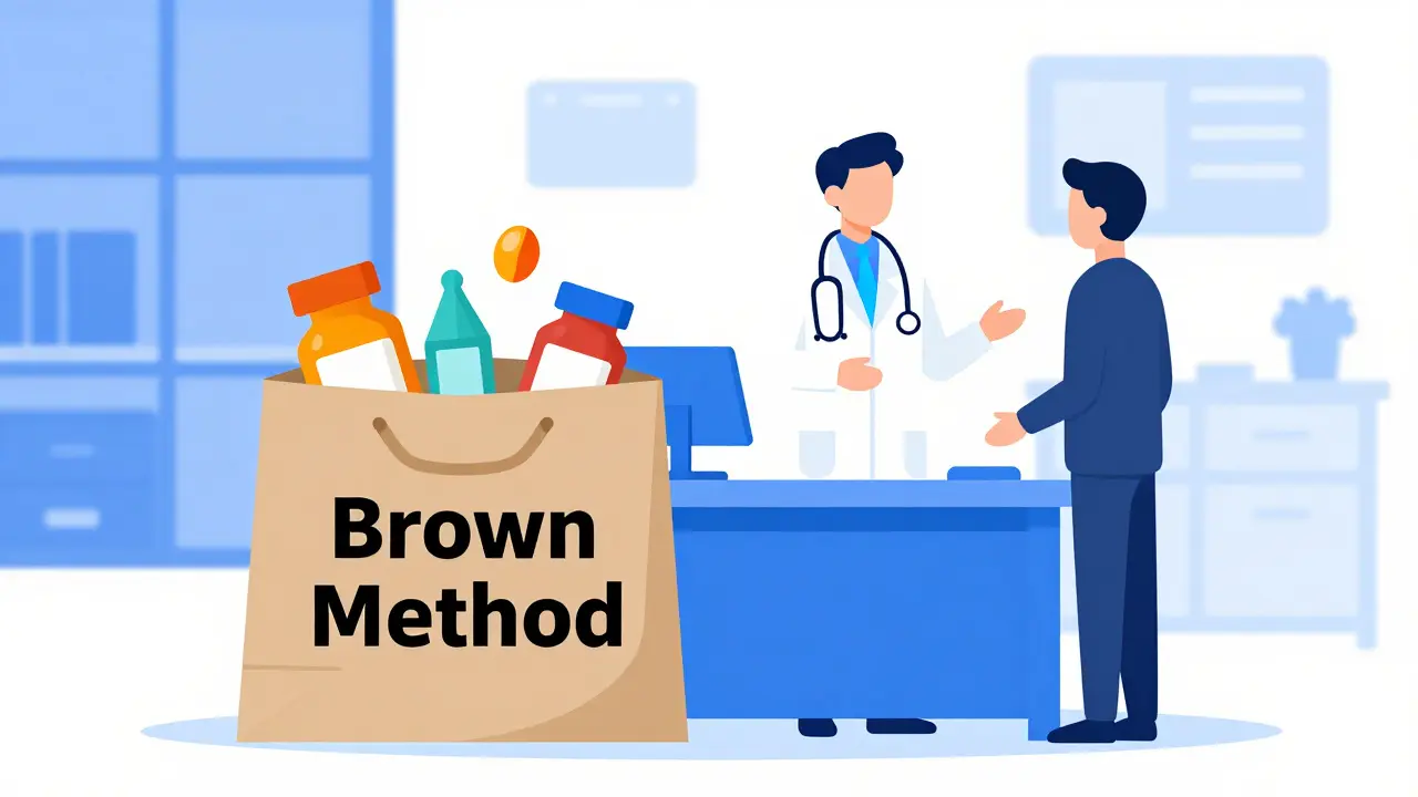 Doctor and patient reviewing medications from a brown paper bag.
