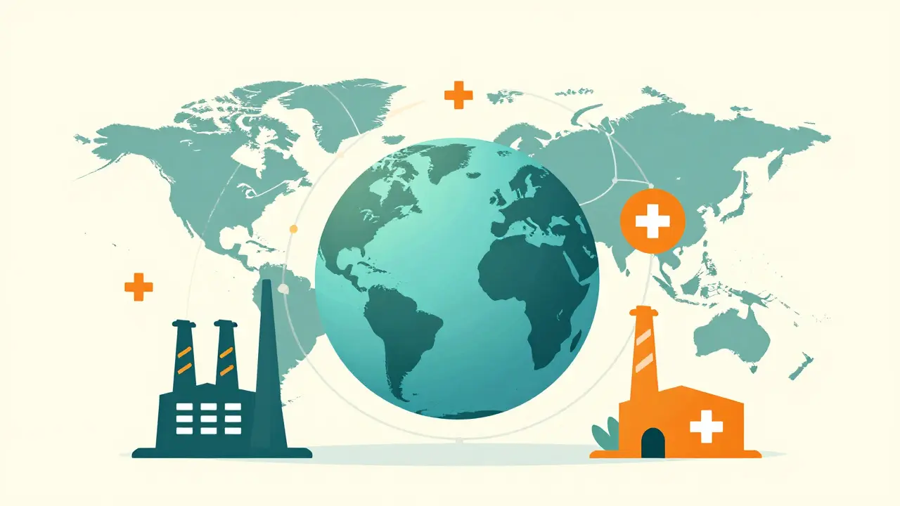 Geometric illustration of a globe connected to medical factories and clinics.