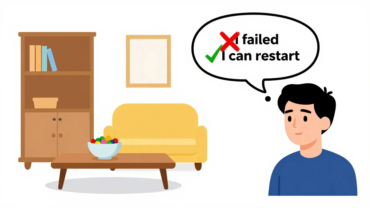 Graphic illustration showing a candy bowl being moved to a high shelf and a positive thought bubble.