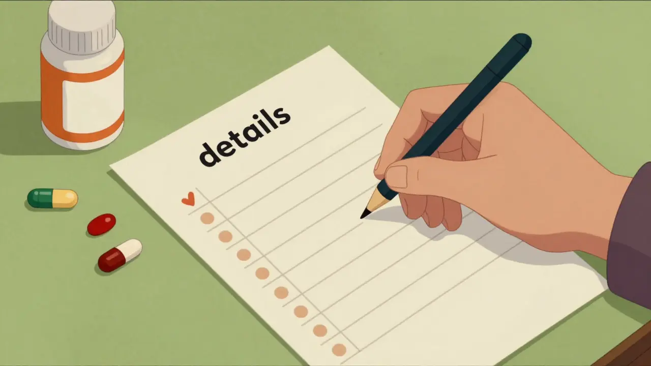 Hand writing a detailed medication list on a table with colorful pills.