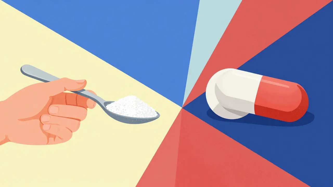 Illustration of a spoon of sugar and a medication tablet as remedies for hiccups.
