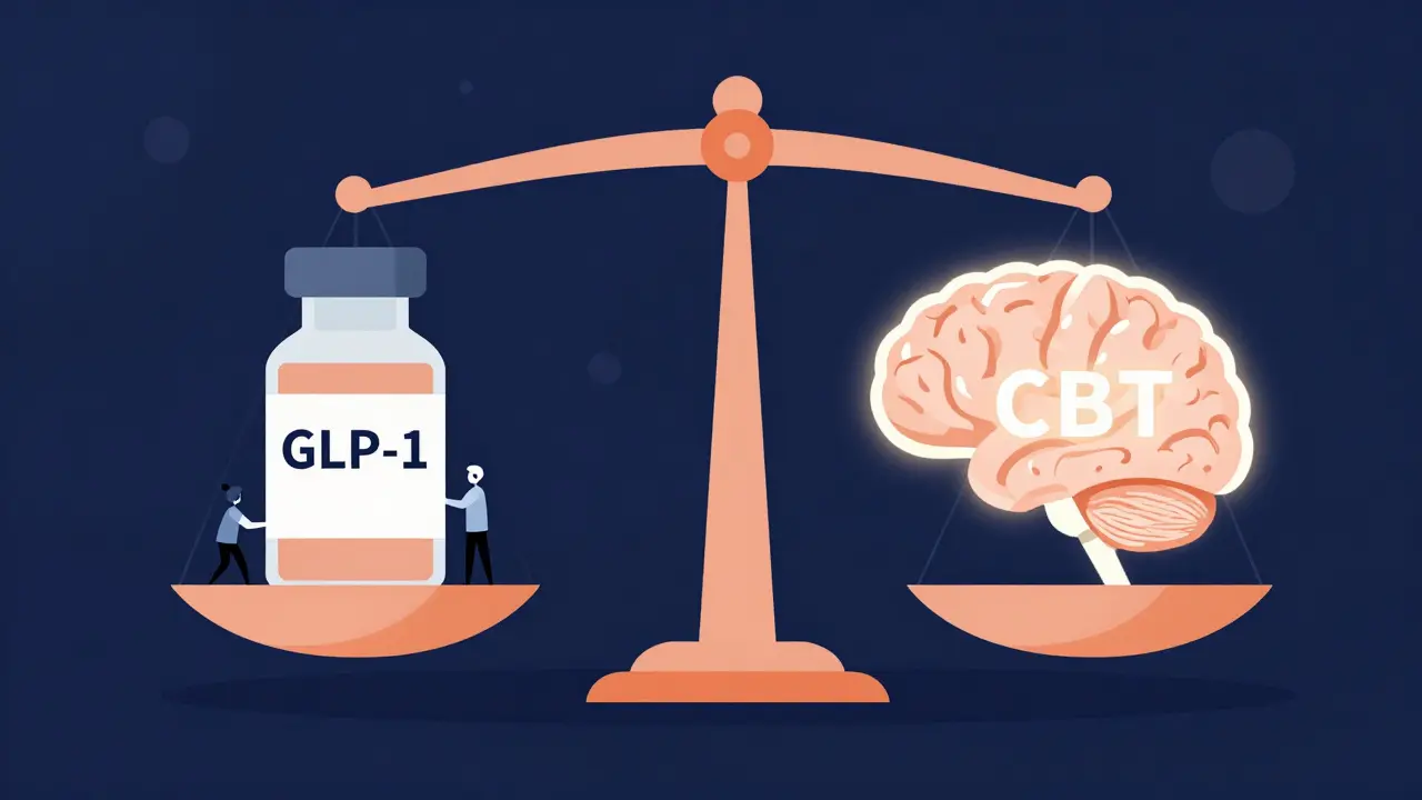 Minimalist illustration of a scale balancing a medicine vial and a human brain.