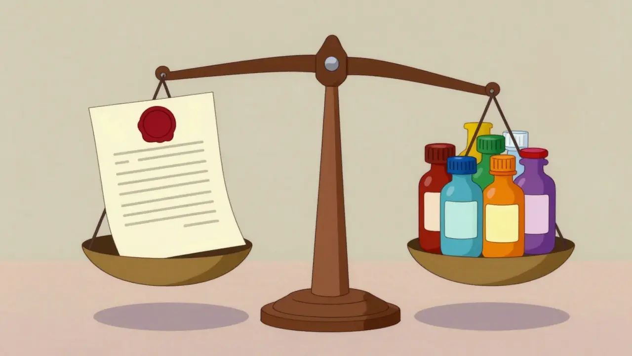 Modernist balance scale weighing a patent document against several medicine bottles.