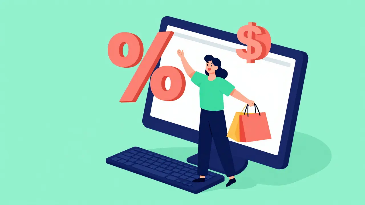 Person happily finding medication savings on a computer in a mid-century modern illustration